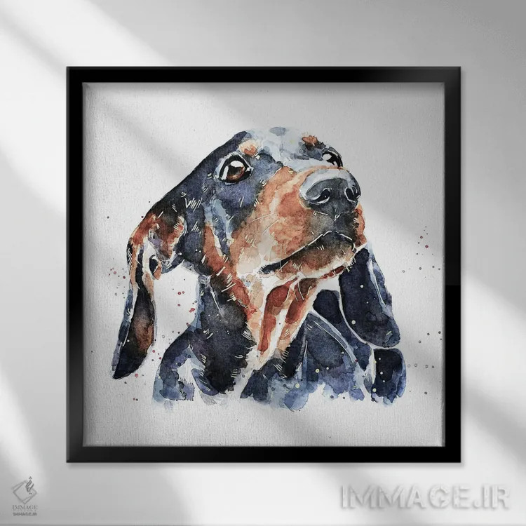 تابلو داشهوند مشکی و قهوهای (نژاد سگ) اثر ادز واترکالرز (برند نقاشی آبرنگ) - نمای قابدار مشکی