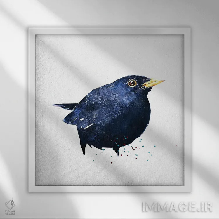 تابلو پرنده سیاه اثر ادز واترکالرز (برند نقاشی آبرنگ) - نمای قابدار سفید