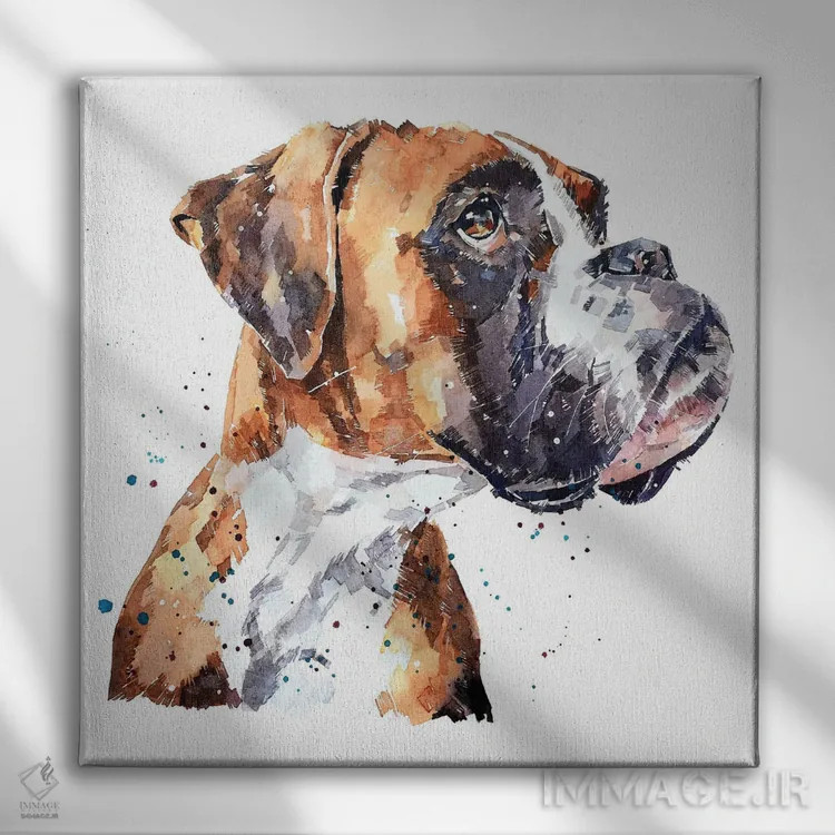 تابلو باکسر آلمانی (نژاد سگ) اثر ادز واترکالرز (برند نقاشی آبرنگ) - نمای روبهرو روی دیوار