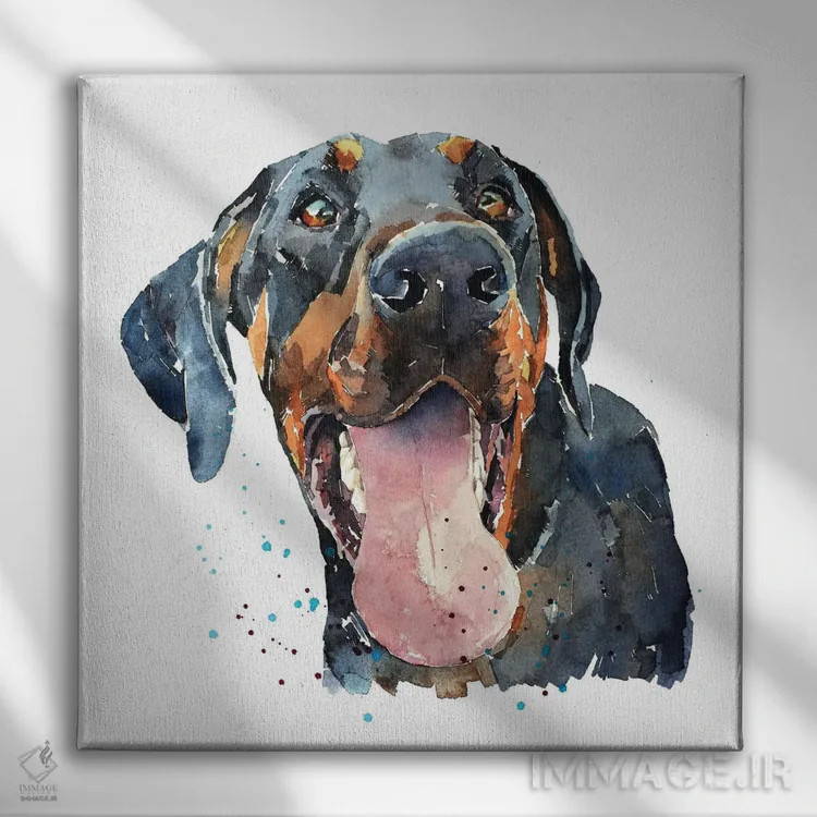 تابلو لبخند دوبرمن (نژاد سگ) اثر ادز واترکالرز (برند نقاشی آبرنگ) - نمای روبهرو روی دیوار