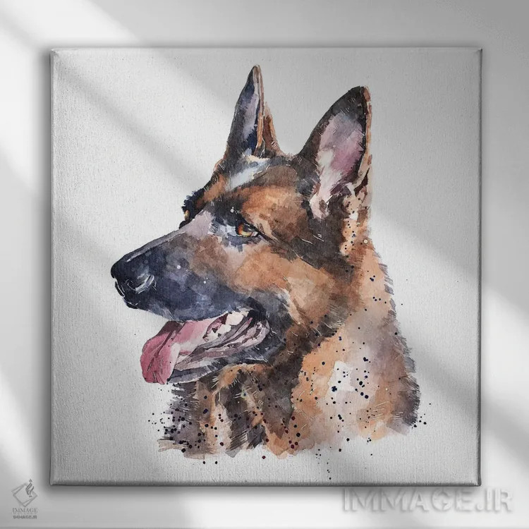 تابلو ژرمن شپرد I (نژاد سگ) اثر ادز واترکالرز (برند نقاشی آبرنگ) - نمای روبهرو روی دیوار