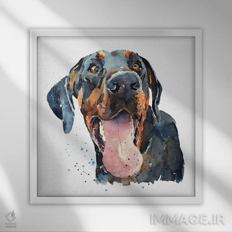 تابلو لبخند دوبرمن (نژاد سگ) اثر ادز واترکالرز (برند نقاشی آبرنگ) - نمای قابدار سفید