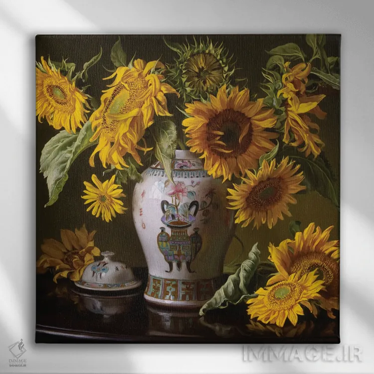 تابلو گلهای آفتابگردان در گلدان چینی اثر ایوان ویلسون - نمای روبهرو روی دیوار