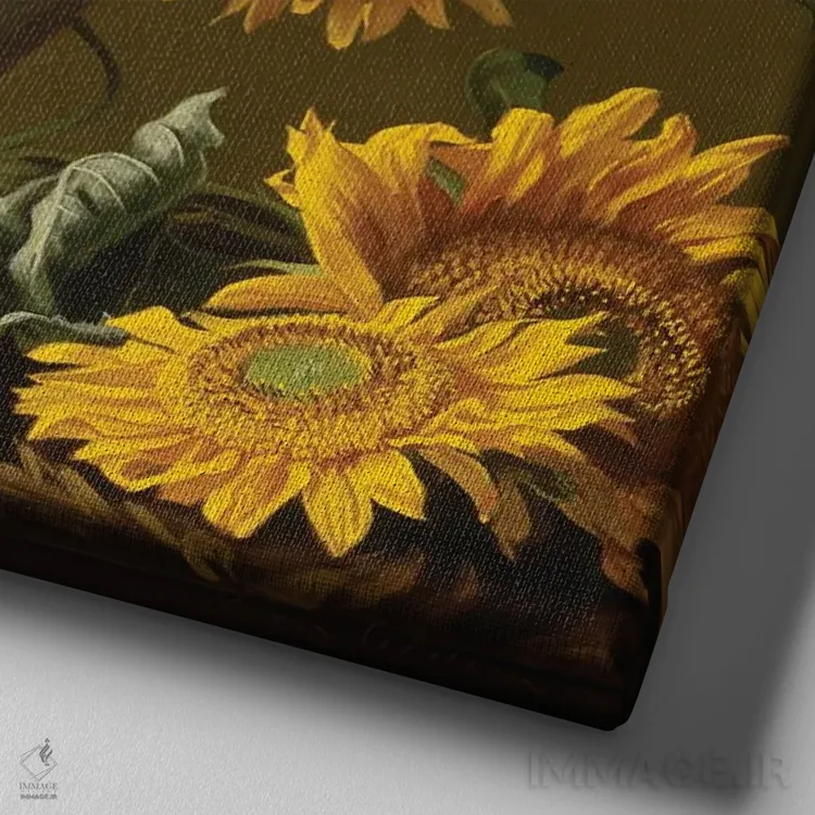 تابلو گلهای آفتابگردان در گلدان چینی اثر ایوان ویلسون - نمای نزدیک بافت بوم