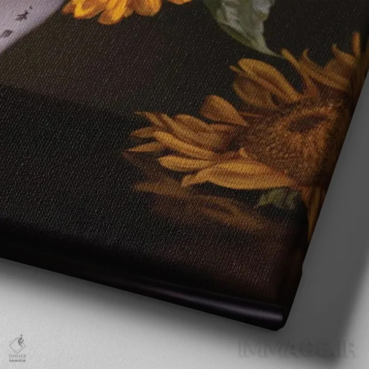 تابلو گلهای آفتابگردان در گلدان چینی II اثر ایوان ویلسون - نمای نزدیک بافت بوم