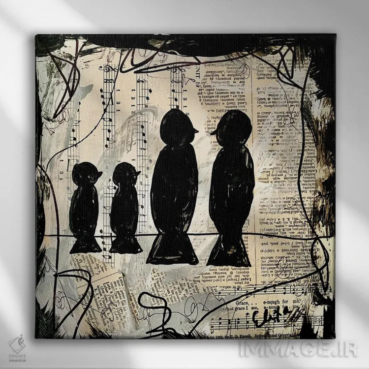 تابلو چهار پرندهی آوازخوان اثر الکسا بانکرافت - نمای روبهرو روی دیوار