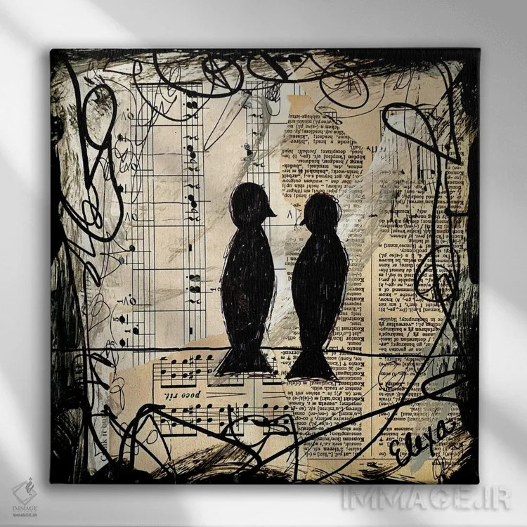 تابلو دو پرندهی آوازخوان اثر الکسا بانکرافت - نمای روبهرو روی دیوار