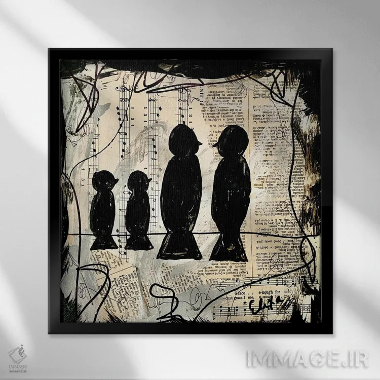 تابلو چهار پرندهی آوازخوان اثر الکسا بانکرافت - نمای قابدار مشکی