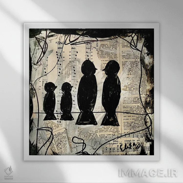 تابلو چهار پرندهی آوازخوان اثر الکسا بانکرافت - نمای قابدار سفید