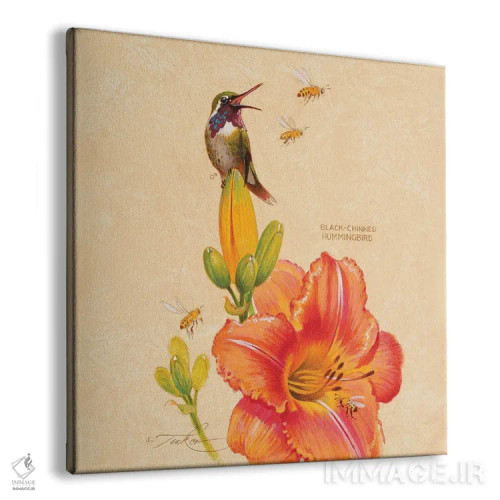 تابلو مرغ مگسخوار سیاهگلو، سوسن و زنبورهای عسل اثر ازرا تاکر - نمای پرسپکتیو محصول