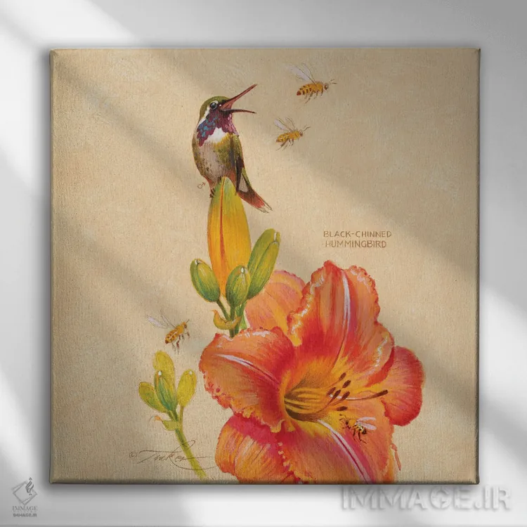 تابلو مرغ مگسخوار سیاهگلو، سوسن و زنبورهای عسل اثر ازرا تاکر - نمای روبهرو روی دیوار