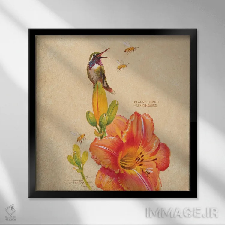 تابلو مرغ مگسخوار سیاهگلو، سوسن و زنبورهای عسل اثر ازرا تاکر - نمای قابدار مشکی