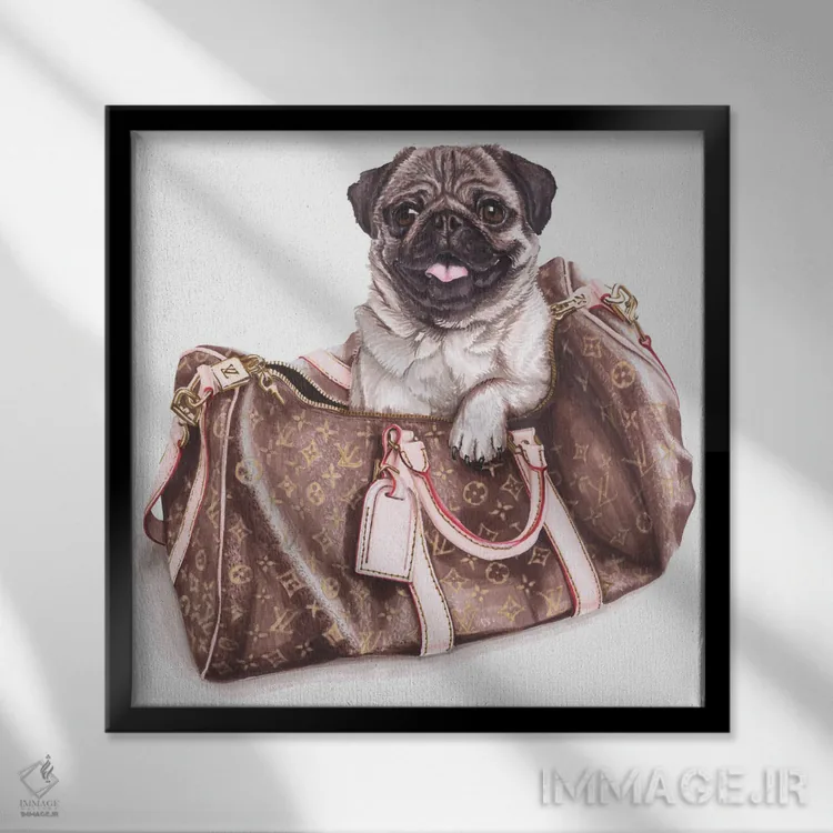 تابلو سگ پوشیدنی در کیف لوییس ویتون اثر الیزاوتا مولچانووا - نمای قابدار مشکی