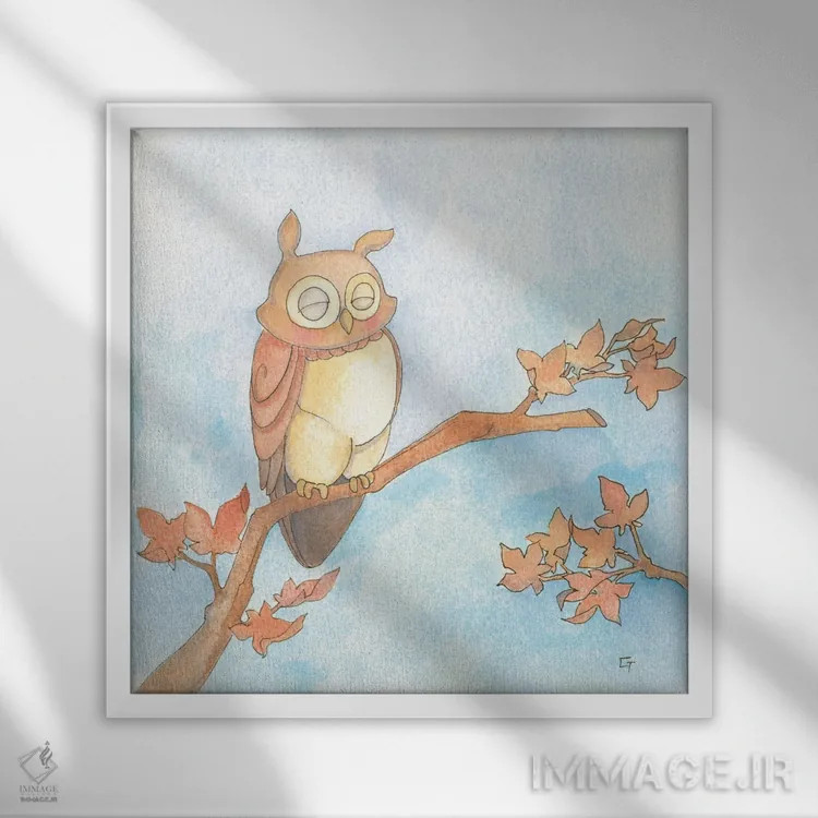 تابلو جغد پاییزی اثر مایت فلای آرت اند ایلاستریشن (استودیو طراحی و تصویرگری) - نمای قابدار سفید