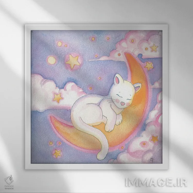 تابلو گربه کوچولوی خوابآلود اثر مایت فلای آرت اند ایلاستریشن (استودیو طراحی و تصویرگری) - نمای قابدار سفید