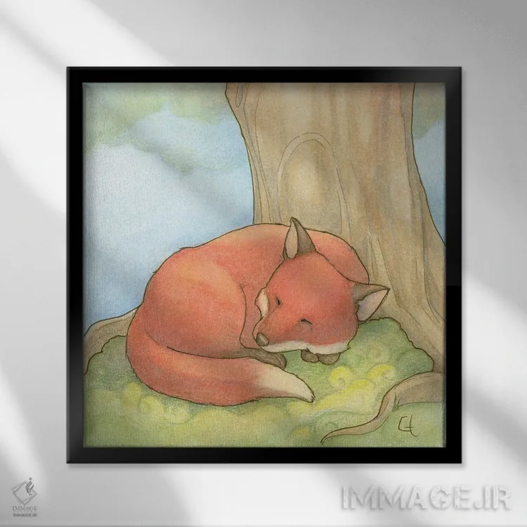 تابلو روباه خوابآلود اثر مایت فلای آرت اند ایلاستریشن (استودیو طراحی و تصویرگری) - نمای قابدار مشکی