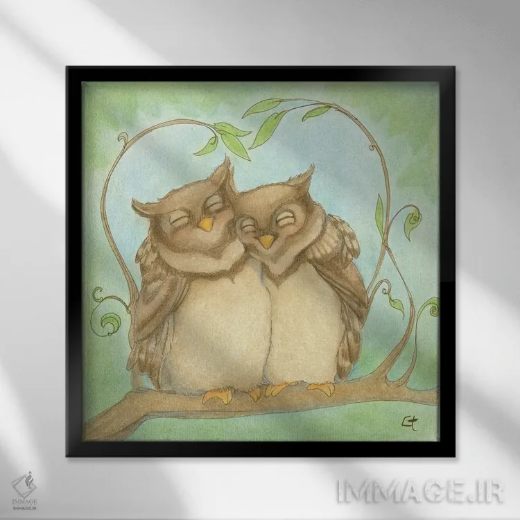 تابلو همیشه دوستت دارم جغد (بازی واژه) اثر مایت فلای آرت اند ایلاستریشن (استودیو طراحی و تصویرگری) - نمای قابدار مشکی