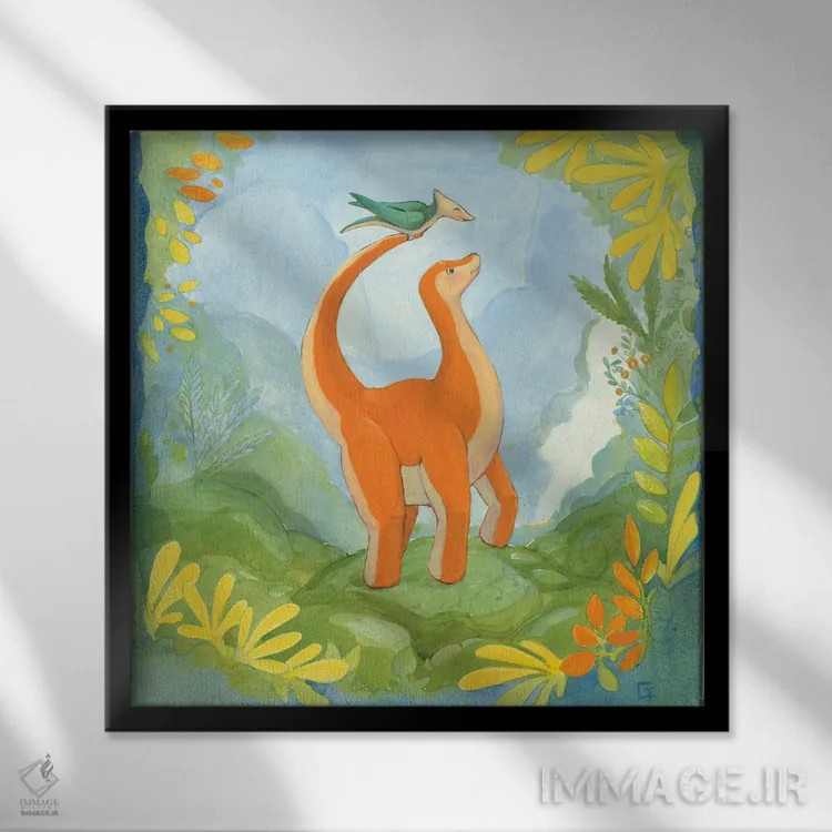 تابلو برونتوسوروس بغلکردنی اثر مایت فلای آرت اند ایلاستریشن (استودیو طراحی و تصویرگری) - نمای قابدار مشکی