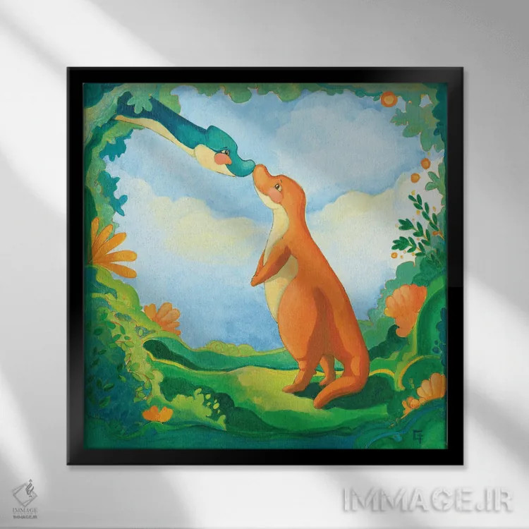 تابلو تیرکس بغلکردنی اثر مایت فلای آرت اند ایلاستریشن (استودیو طراحی و تصویرگری) - نمای قابدار مشکی