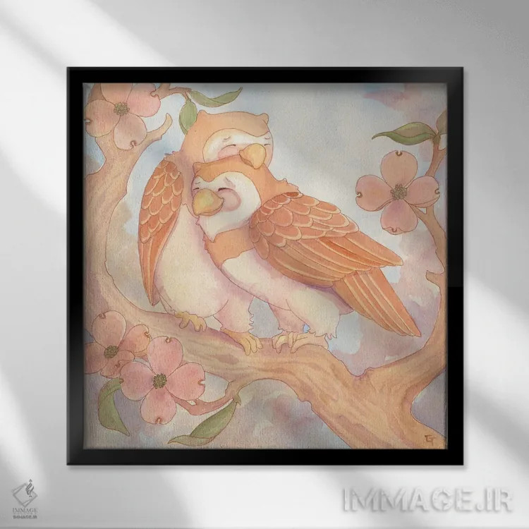 تابلو همه آنچه به آن نیاز داری عشق است (بازی واژه با جغد) اثر مایت فلای آرت اند ایلاستریشن (استودیو طراحی و تصویرگری) - نمای قابدار مشکی