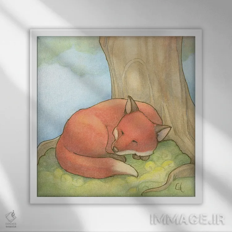 تابلو روباه خوابآلود اثر مایت فلای آرت اند ایلاستریشن (استودیو طراحی و تصویرگری) - نمای قابدار سفید