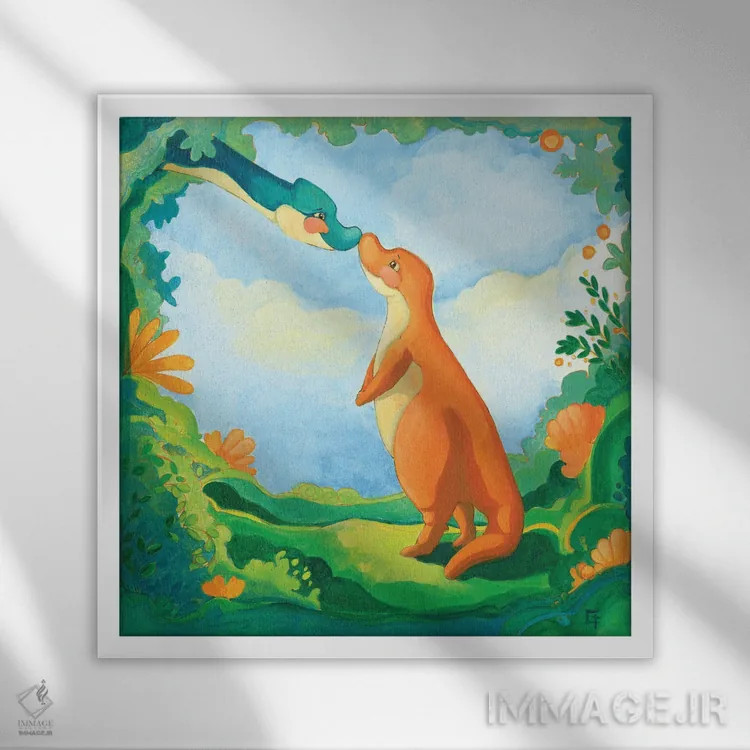 تابلو تیرکس بغلکردنی اثر مایت فلای آرت اند ایلاستریشن (استودیو طراحی و تصویرگری) - نمای قابدار سفید