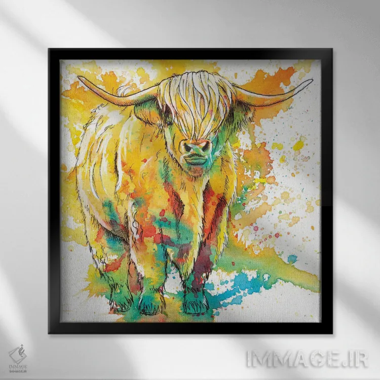 تابلو گاو کوهستانی (نژاد گاو اسکاتلندی) اثر فلو آرت استودیو (استودیوی هنری) - نمای قابدار مشکی