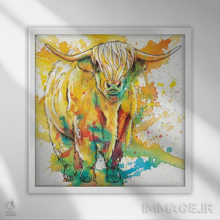 تابلو گاو کوهستانی (نژاد گاو اسکاتلندی) اثر فلو آرت استودیو (استودیوی هنری) - نمای قابدار سفید