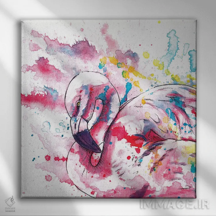 تابلو فلامینگو صورتی اثر فلو آرت استودیو (استودیوی هنری) - نمای روبهرو روی دیوار