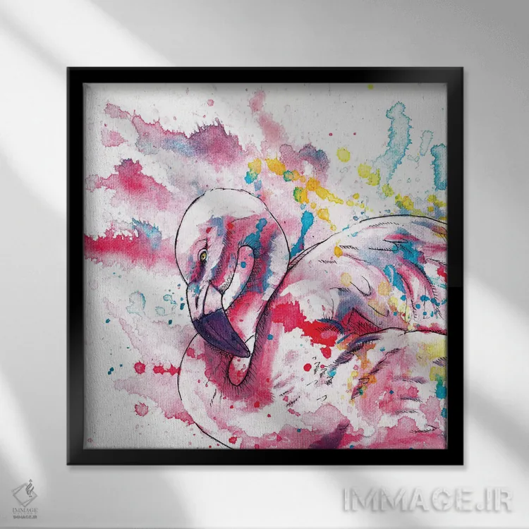 تابلو فلامینگو صورتی اثر فلو آرت استودیو (استودیوی هنری) - نمای قابدار مشکی