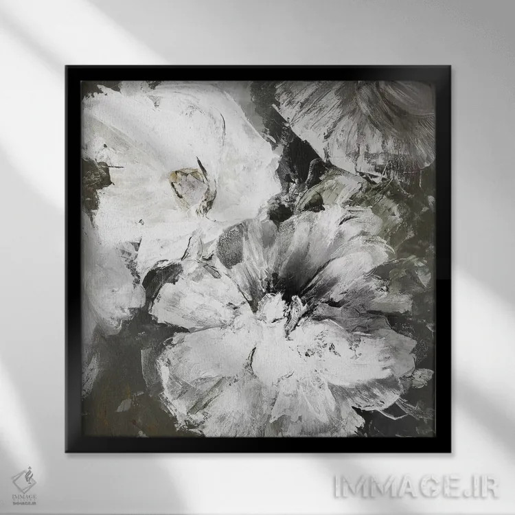 تابلو گلهای سفید و خاکستری اثر دیزاین فابریکن (استودیو طراحی دانمارکی) - نمای قابدار مشکی