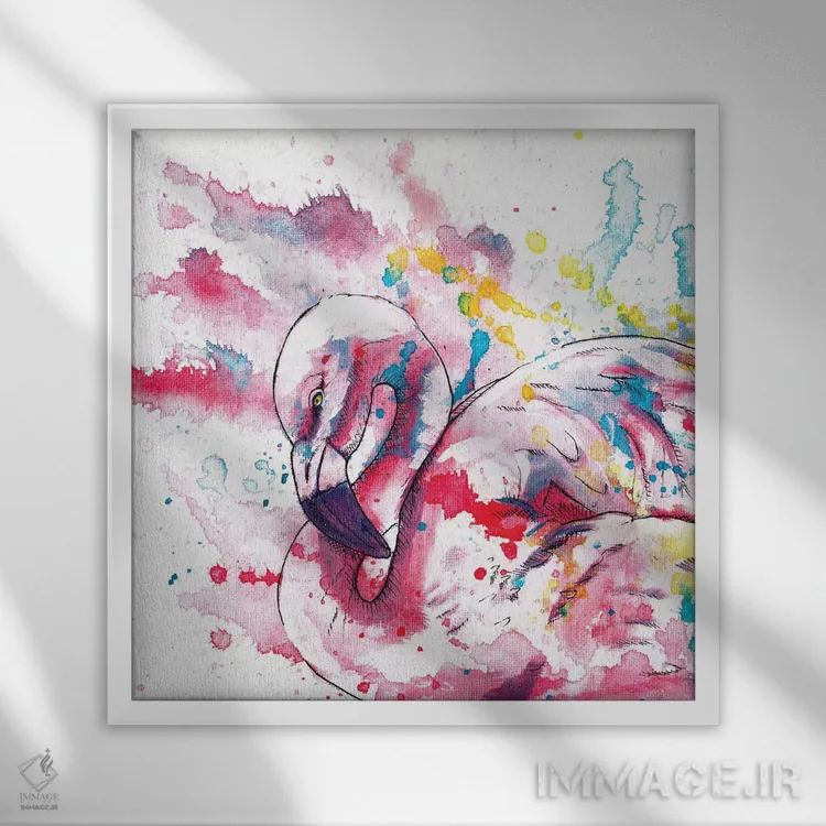 تابلو فلامینگو صورتی اثر فلو آرت استودیو (استودیوی هنری) - نمای قابدار سفید