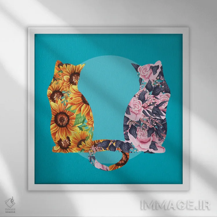 تابلو گربههای گُلی – آفتابگردانها و رزها اثر فلو آرت استودیو (استودیوی هنری) - نمای قابدار سفید