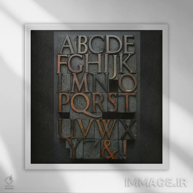 تابلو حروف الفبای چاپ قدیمی اثر آلیسون فنل - نمای قابدار سفید