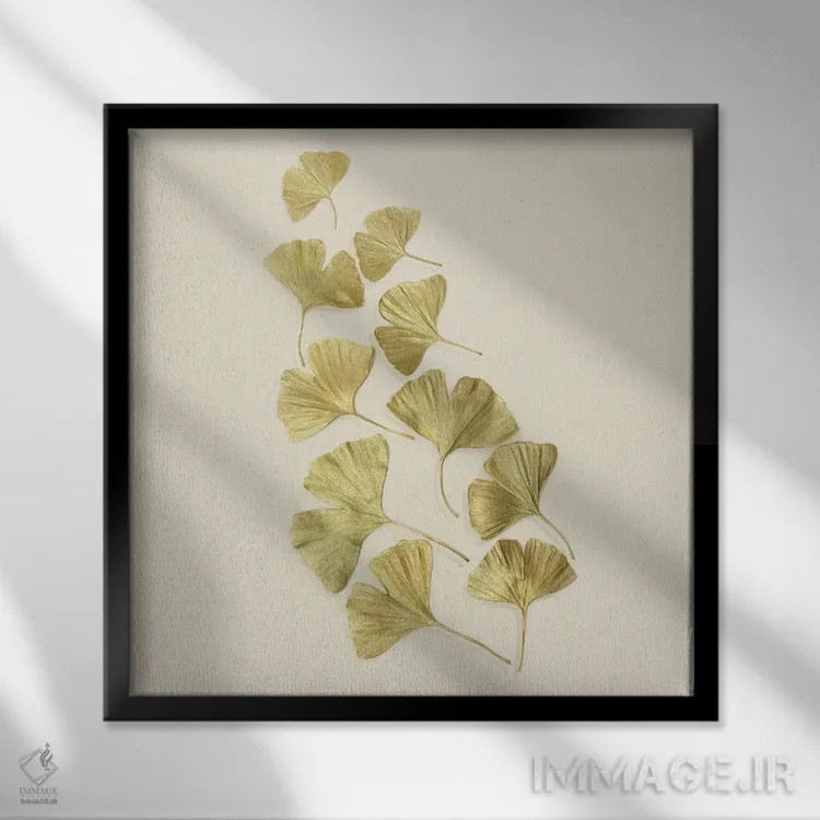 تابلو برگهای طلایی جینکو اثر آلیسون فنل - نمای قابدار مشکی
