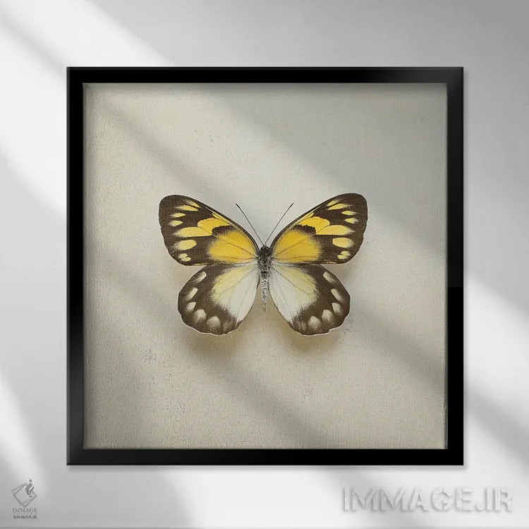 تابلو پروانهٔ طلایی دلیا اثر آلیسون فنل - نمای قابدار مشکی
