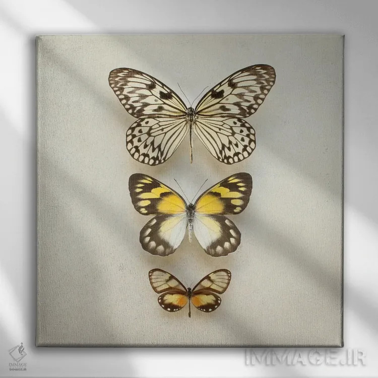 تابلو سه پروانه اثر آلیسون فنل - نمای روبهرو روی دیوار