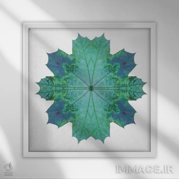 تابلو ستاره برگ افرا سبز آبی ۳ اثر آلیسون فنل - نمای قابدار سفید