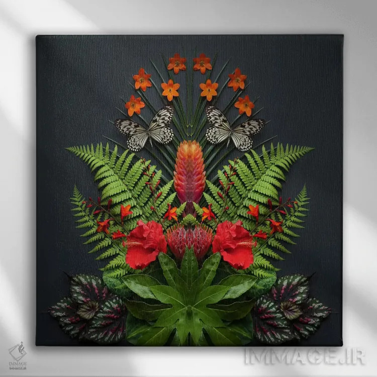 تابلو گلها و پروانههای گرمسیری اثر آلیسون فنل - نمای روبهرو روی دیوار