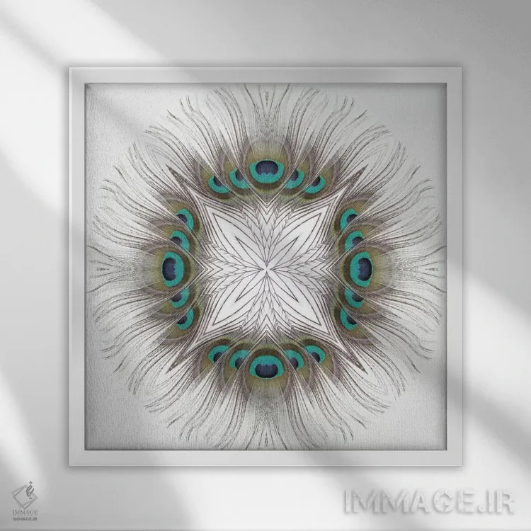 تابلو ماندالا پر طاووس اثر آلیسون فنل - نمای قابدار سفید