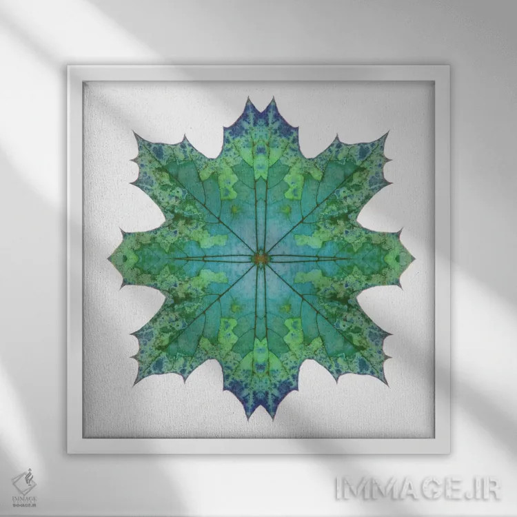 تابلو ستاره برگ افرا سبز آبی ۲ اثر آلیسون فنل - نمای قابدار سفید