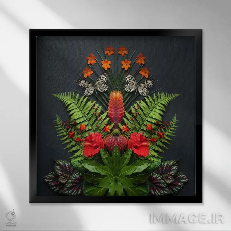تابلو گلها و پروانههای گرمسیری اثر آلیسون فنل - نمای قابدار مشکی