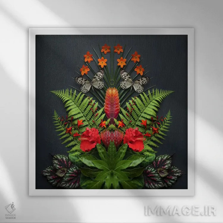 تابلو گلها و پروانههای گرمسیری اثر آلیسون فنل - نمای قابدار سفید