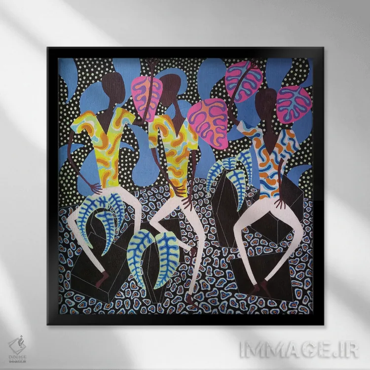 تابلو پیکرههای رقصان انتزاعی با نخلهای صورتی اثر فرانتیشک فلوریان - نمای قابدار مشکی