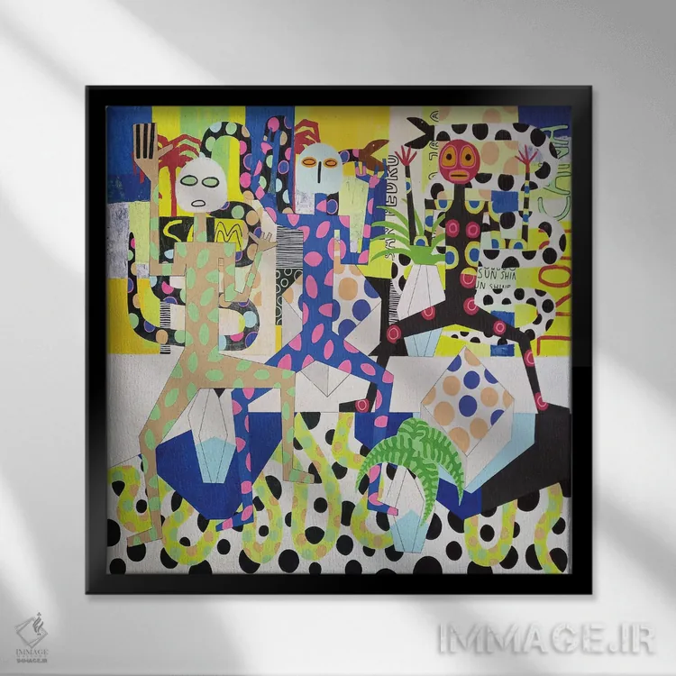 تابلو پیکرههای انتزاعی شاد ۳ اثر فرانتیشک فلوریان - نمای قابدار مشکی