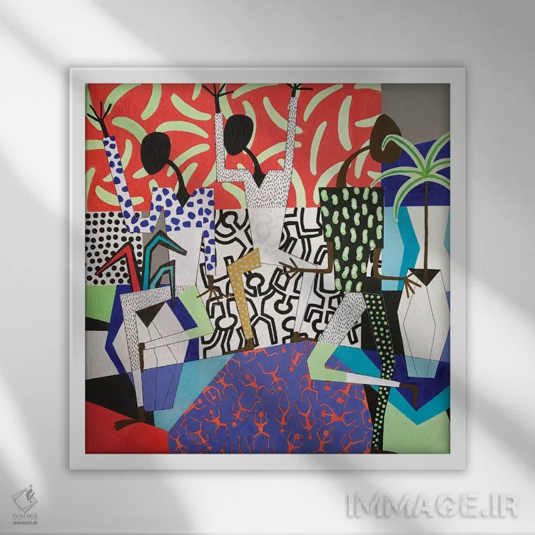 تابلو مهمانی رقص با الهام از هَرینگ دو (ژانر هنری کیت هَرینگ) اثر فرانتیشک فلوریان - نمای قابدار سفید