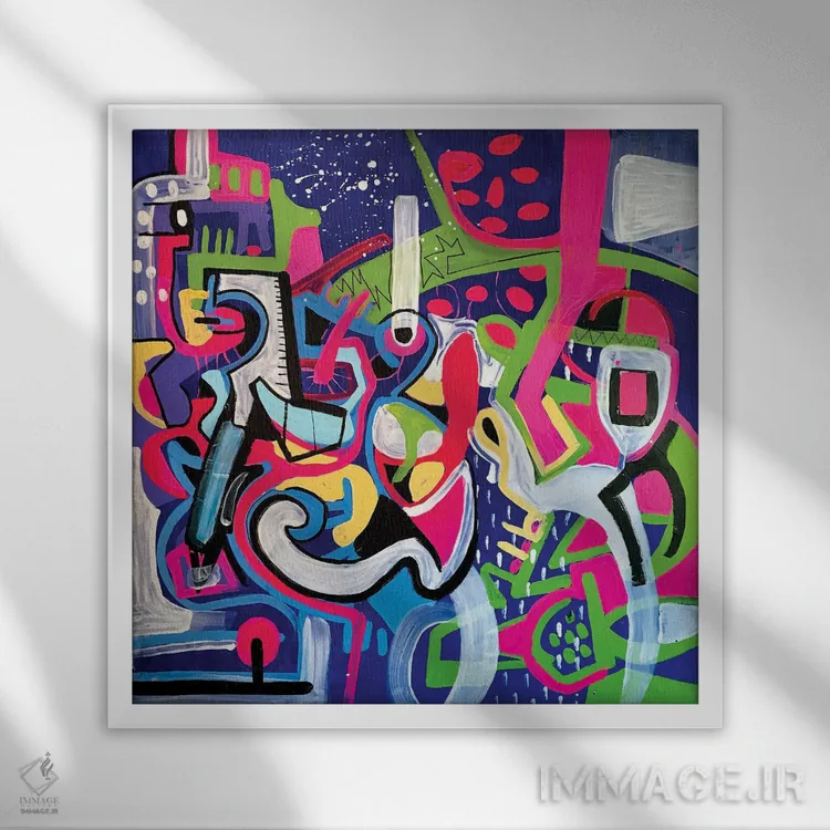 تابلو اشکال آبستره رنگارنگ یک اثر فرانتیشک فلوریان - نمای قابدار سفید
