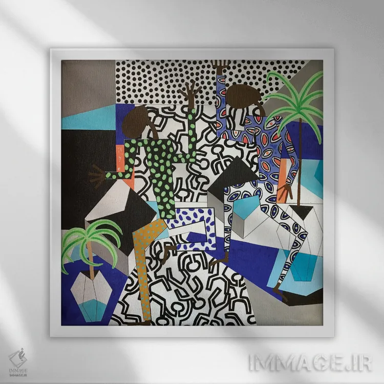 تابلو مهمانی رقص با الهام از هَرینگ سه (ژانر هنری کیت هَرینگ) اثر فرانتیشک فلوریان - نمای قابدار سفید