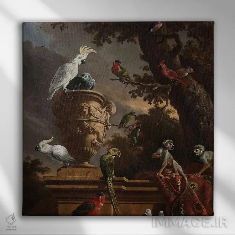 تابلو پرندگان و میمونها اثر فلوران بُدار (هنرمند فرانسوی) - نمای روبهرو روی دیوار
