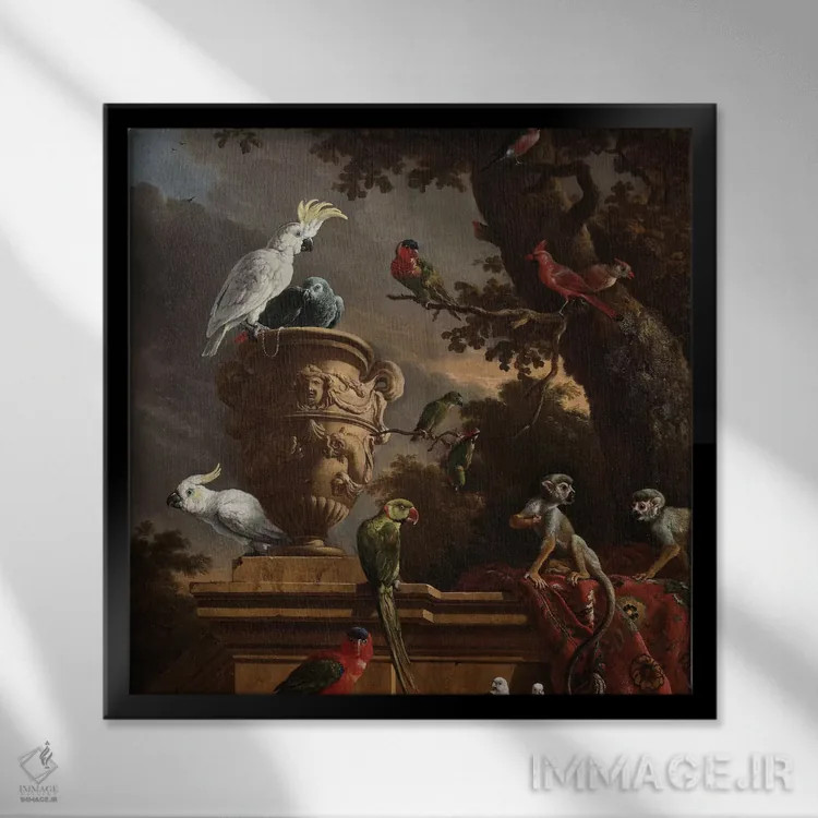 تابلو پرندگان و میمونها اثر فلوران بُدار (هنرمند فرانسوی) - نمای قابدار مشکی